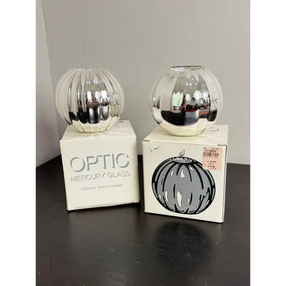 Dept 56 Optic Mercury Glass Votive Holder Set of 2 Handblown Silver 100mm